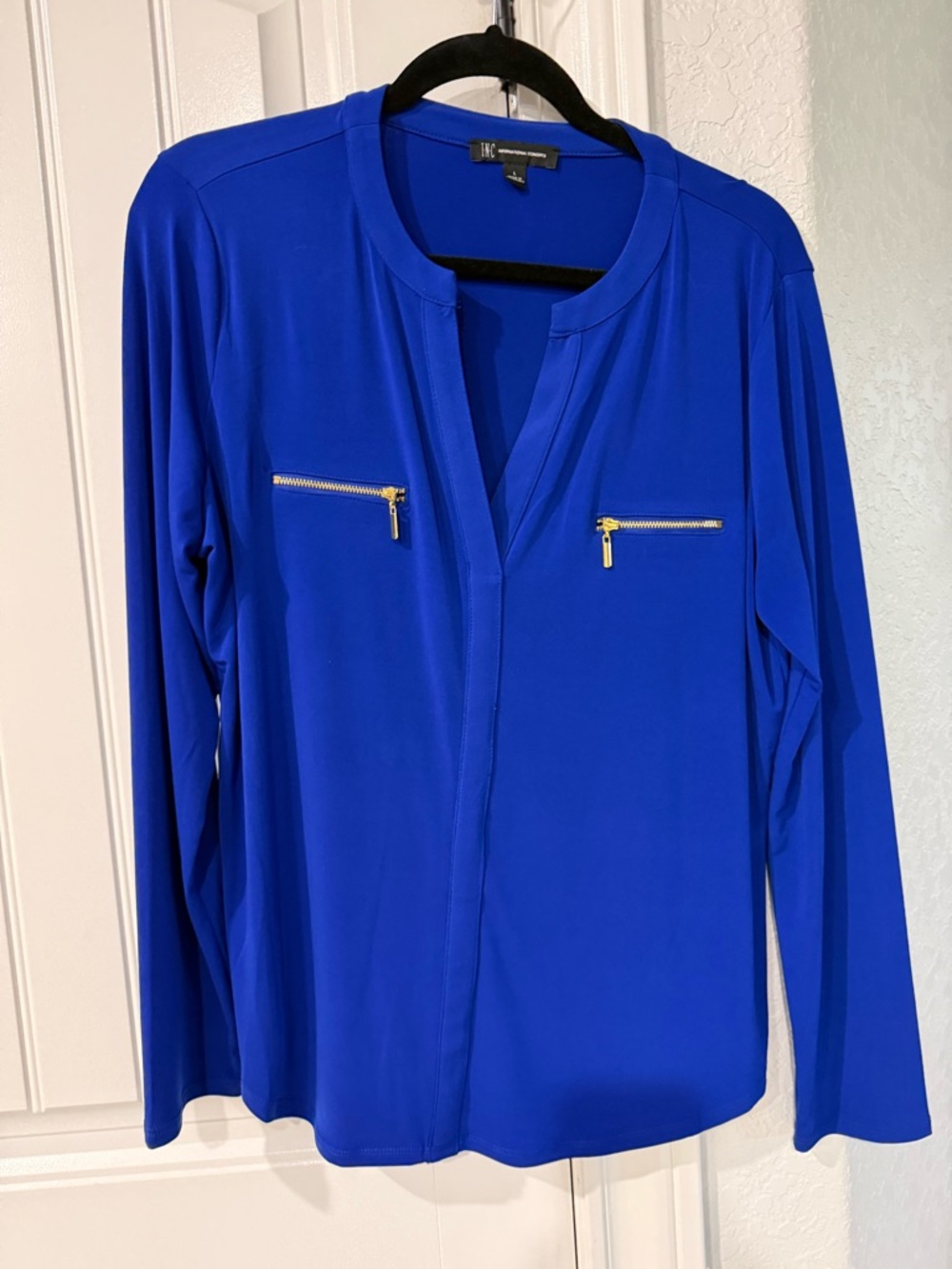 INC International Concepts Cobalt Blue Long Sleeve Zip-Pocket Blouse